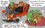  &lt;3 4_toes anthro barefoot bear belly big_belly bojack_horseman bondagefanart brown_fur clothed clothing comic cuddling digital_drawing_(artwork) digital_media_(artwork) duo english_text feet footwear fur gregory_hsung grey_background hi_res jose_guerrero lizard male male/male mammal overweight overweight_male plaid reptile scalie shoes simple_background sofa text toes 