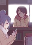  backlighting black_hair blue_eyes blue_hair cellphone chin_rest eyebrows_visible_through_hair hair_bun heater hetareeji highres indoors library multiple_girls phone purple_eyes red_scarf saitou_ena scarf school_uniform shima_rin short_hair sketch smartphone sweater white_scarf window yurucamp 