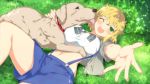  1girl animal breasts dog large_breasts lick licking ryouna_(senran_kagura) senran_kagura senran_kagura_(series) smile solo tongue 