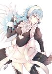  apron atoatto blue_hair dress elbow_gloves fire_emblem fire_emblem_if gloves holding holding_knife knife long_hair maid maid_apron maid_headdress simple_background soleil_(fire_emblem_if) solo white_background 