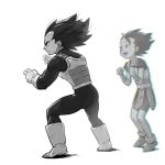  :d armor black_eyes black_hair boots bracelet clenched_hands dirty dirty_face dragon_ball dragon_ball_super expressionless fighting_stance frown gloves greyscale happy highres jewelry kyabe looking_at_another looking_away male_focus monochrome multiple_boys open_mouth serious short_hair simple_background smile spiked_hair supobi vegeta white_background 