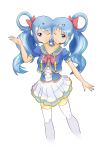  1girl blue_hair conjoined hairpin idol ribbon stocking swallowtail twintails two_heads wink 