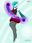  2018 armwear blue_hair choker clothed clothing colored dark_energy female fringe gardevoir glowing hair jeffthehusky leggings legwear nintendo pok&eacute;mon pok&eacute;mon_(species) red_eyes shaded skirt smile solo undershirt vest video_games 