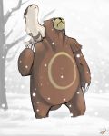  bare_tree bear claws closed_mouth commentary creature dated furret gen_2_pokemon looking_up no_humans on_shoulder outdoors pokemon pokemon_(creature) pokemon_on_shoulder rock-bomber signature snow snowing standing tail tree ursaring 