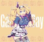  aircraft airplane belt belt_buckle blonde_hair blue_eyes blush breast_pocket buckle buttons character_name dated f6f_hellcat gambier_bay_(kantai_collection) gloves hair_between_eyes highres kantai_collection long_hair multicolored multicolored_clothes multicolored_gloves nakaaki_masashi open_mouth pocket short_sleeves solo thighhighs twintails twitter_username 