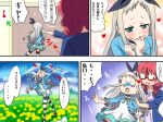  1girl amano_miu bathroom blend_s bow commentary_request crossdressing directional_arrow field flower glasses grabbing green_eyes hair_ribbon kanzaki_hideri karuta_(karuta01) mountain otoko_no_ko red-framed_eyewear red_hair ribbon silver_hair toilet_paper translation_request 