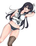  agano_(kantai_collection) armpits bad_id bad_pixiv_id black_hair black_legwear blush breasts commentary_request drooling gloves hair_between_eyes highres kantai_collection large_breasts long_hair looking_at_viewer lying on_back one_eye_closed open_mouth panties school_uniform serafuku shirt simple_background single_thighhigh sleeveless sleeveless_shirt solo thighhighs thighs underwear white_background white_gloves z5987 