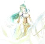  armor boots breastplate dress elbow_gloves fire_emblem fire_emblem:_seisen_no_keifu fury_(fire_emblem) gloves green_eyes green_hair kuzumosu long_hair orange_dress pale_color pegasus pegasus_knight polearm simple_background solo spear weapon white_background 