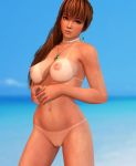  1girl 3d bare_shoulders belly breasts brown_hair dark_skin dead_or_alive dead_or_alive_5 female hips jewelry kasumi_(doa) legs long_hair navel necklace nipples ponytail pussy radianteld solo thighs tied_hair topless uncensored 