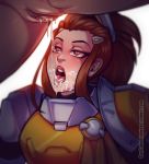  2girls armor blush brigitte_lindholm brown_hair cum cum_in_pussy cumdrip cupcake992 facial heart-shaped_pupils multiple_girls open_mouth overwatch pussy pussy_juice uncensored yuri 