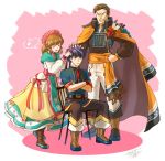  1girl 2boys belt blue_eyes blue_hair boots brother_and_sister brown_hair cape chair closed_mouth crossed_arms dress eyes_closed father_and_daughter father_and_son fire_emblem fire_emblem:_souen_no_kiseki fire_emblem_heroes flwoer green_headband greil grin hand_on_another&#039;s_head headband ike jandara_rin long_sleeves mist_(fire_emblem) multiple_boys musical_note nintendo open_mouth pants ribbon short_hair short_sleeves siblings signature sitting smile spiked_hair spoken_musical_note standing 