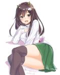  black_legwear brown_eyes brown_hair dated green_skirt horns kangoku_kou kantai_collection kisaragi_(kantai_collection) long_hair looking_at_viewer lying on_side open_mouth pleated_skirt ribbed_sweater simple_background skirt smile solo sweater thighhighs twitter_username white_background white_sweater 