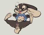  anthro anus bottomless breasts brown_fur clothed clothing eyes_closed eyewear female fur glasses grey_background kazie lagomorph mammal nipples open_mouth rabbit reign-2004 short_stack simple_background solo sweater tan_fur 