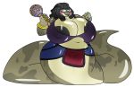  2018 absurd_res alternate_version_at_source anthro areola belly big_belly big_breasts black_hair blush bra breasts brown_eyes cleavage clothed clothing digital_media_(artwork) eyeshadow fangs female hair hi_res huge_breasts jewelry makeup nadiya naga navel nipple_bulge nipples reptile scalie simple_background skirt snake solo turismoturbo underwear voluptuous wide_hips 