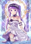  arm_garter bare_shoulders chinchongcha choker collarbone cowboy_shot euryale fate/grand_order fate_(series) frills headdress highres long_hair looking_at_viewer off_shoulder open_mouth panties purple_eyes purple_hair solo standing twintails underwear wading water 