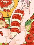  arms_behind_head cutiebell food food_on_body iwatooshi leaf licking_lips looking_at_viewer male_focus nantaimori nipples nude pasta pink_hair plate solo spaghetti suggestive_fluid tomato tongue tongue_out touken_ranbu 