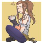  allen_(aak12343523) arm_tattoo belt bowl brigitte_(overwatch) brown_eyes brown_hair denim freckles gloves highres jeans mouth_hold overwatch pants ponytail raised_eyebrow shoes simple_background sitting solo spoon tank_top tattoo yellow_background 