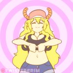  1girl animated animated_gif areolae baseball_cap blonde_hair bouncing_breasts breasts denim denim_shorts eyes_closed hat heterochromia horns kobayashi-san_chi_no_maidragon large_areolae large_breasts long_hair looking_at_viewer navel quetzalcoatl_(maidragon) shirt_lift short_shorts shorts smile solo stomach tank_top twistedgrim very_long_hair 