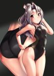  8000 adjusting_clothes adjusting_swimsuit ass black_background black_swimsuit breasts brown_eyes closed_mouth commentary_request competition_swimsuit cowboy_shot eyebrows_visible_through_hair gradient gradient_background grey_hair hachimaki headband high_ponytail highleg highleg_swimsuit kantai_collection long_hair multiple_views one-piece_swimsuit ponytail small_breasts standing sweatdrop swimsuit thigh_gap zuihou_(kantai_collection) 