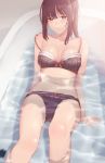  bathtub black_bra black_hair black_panties blush bra breasts brown_eyes cleavage commentary_request highres long_hair looking_at_viewer medium_breasts monotiina panties partially_submerged solo underwear underwear_only 