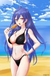  absurdres beach bikini black_bikini blue_hair breasts cleavage day fr33m4n heart highres iris_heart large_breasts long_hair looking_at_viewer navel neptune_(series) ocean outdoors purple_hair red_eyes solo swimsuit symbol-shaped_pupils very_long_hair 