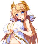  azur_lane bangs bare_shoulders blonde_hair blue_eyes blush breasts chain cleavage commentary covered_nipples eyebrows_visible_through_hair flower_ornament grabbing_own_breast hair_ornament kuro75268 large_breasts laurel_crown long_hair looking_at_viewer navel open_mouth paizuri_invitation self_fondle sleeveless solo upper_body veil victorious_(azur_lane) 