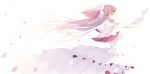  absurdres bad_id bad_pixiv_id bangs closed_eyes closed_mouth commentary dress from_side hair_ribbon highres kaname_madoka long_hair mahou_shoujo_madoka_magica misteor outstretched_arms red_hair ribbon short_sleeves solo ultimate_madoka white_background white_dress white_ribbon 