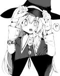  ? aki_maki_yuu blush bolo_tie buttons collared_shirt commentary gloves greyscale hair_between_eyes hair_ribbon hands_on_headwear hat highres kirisame_marisa long_hair long_sleeves looking_at_viewer monochrome open_mouth ribbon robe shirt simple_background solo speech_bubble spoken_question_mark teeth touhou upper_body watch witch_hat wristwatch 