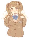  7010 :d blue_neckwear blush bow bowtie brown_eyes brown_hair cardigan commentary_request cropped_torso eyebrows_visible_through_hair flower hair_flower hair_ornament heart highres idolmaster idolmaster_cinderella_girls looking_at_viewer mimura_kanako open_mouth smile solo twintails upper_body 