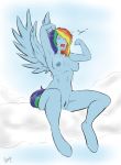  2018 absurd_res areola breasts chango-tan digital_media_(artwork) eyes_closed feathered_wings feathers female friendship_is_magic hair hi_res multicolored_hair my_little_pony nipples nude open_mouth rainbow_dash_(mlp) rainbow_hair sitting solo wings yawn 