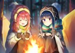  :d ^_^ artist_name blue_hair blurry blush closed_eyes closed_mouth depth_of_field eyebrows_visible_through_hair fingerless_gloves fire gloves hair_between_eyes hat kagamihara_nadeshiko long_hair long_sleeves multiple_girls nonono open_mouth outdoors pink_hair purple_eyes scarf shima_rin smile squatting striped striped_scarf tree yurucamp 