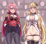  azur_lane black_bra black_gloves black_legwear black_panties black_skirt blonde_hair blue_eyes bra breasts cape cleavage commentary_request covered_nipples crotch_seam drooling duke_of_york_(azur_lane) earrings epaulettes eyebrows_visible_through_hair eyelashes flower_ornament gloves heart heart-shaped_pupils indoors jacket jewelry large_breasts laurel_crown long_hair looking_at_viewer mabo-udon military military_uniform miniskirt multiple_girls navel open_mouth panties panty_pull pantyhose pointy_ears pussy_juice pussy_juice_drip_through_clothes red_hair red_jacket ribbon saliva skirt skirt_lift spoken_heart symbol-shaped_pupils thighhighs trembling underwear uniform veil very_long_hair victorious_(azur_lane) wrist_ribbon 