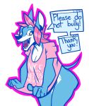  2018 5_fingers alpha_channel anthro blue_fur bottomless canine clothed clothing dog english_text female front_view fur hair looking_at_viewer mammal open_mouth orange_eyes purple_hair reaction_image sharp_teeth shirt simple_background solo speech_bubble standing t-shirt teeth text transparent_background virushunter 