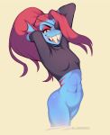  abs anthro blue_skin bluebreed bottomless breasts clothed clothing eye_patch eyelashes eyewear female fish grin hair long_hair looking_at_viewer marine muscular muscular_female pussy red_hair red_skin scalie sharp_teeth simple_background small_breasts smile solo standing sweater teeth thick_thighs undertale undyne video_games white_background 
