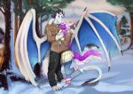  2018 anthro barefoot blue_eyes canine clothed clothing day digital_media_(artwork) dragon duo female feral fox fur horn lycangel male mammal membranous_wings outside purple_fur romantic_couple snow snowing standing wings 