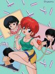  1boy 3girls black_hair blue_eyes braid brother_and_sister cleavage cyocomi3 double_v genderswap genderswap_(mtf) kunou_kodachi kunou_tatewaki multiple_girls ponytail ranma-chan ranma_1/2 red_hair saotome_ranma shorts side_ponytail single_braid tendou_akane v 