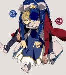  2boys ahoge archer armor armored_boots armored_dress artoria_pendragon_(all) blonde_hair blue_eyes blue_hair boots carrying dark_skin dark_skinned_male fate/stay_night fate_(series) hirarego jacket lancer long_sleeves multiple_boys open_clothes open_jacket open_mouth piggyback red_jacket saber shoulder_armor spoken_skull white_hair 