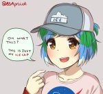  baseball_cap brown_eyes clothes_writing danielle_brindle earth-chan english hat ice multicolored_hair original pun smile solo twitter_username 