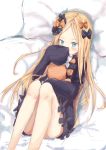  abigail_williams_(fate/grand_order) bangs bed_sheet black_bow black_dress blonde_hair blue_eyes blush bow bug butterfly commentary_request covered_mouth dress eyebrows_visible_through_hair fate/grand_order fate_(series) hair_bow highres insect long_hair long_sleeves looking_at_viewer lying mudiv no_hat no_headwear object_hug on_back orange_bow parted_bangs pillow polka_dot polka_dot_bow sleeves_past_fingers sleeves_past_wrists solo stuffed_animal stuffed_toy teddy_bear very_long_hair 