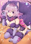  animal_ears bad_id bad_pixiv_id bare_shoulders between_legs blush boots bow breasts castle claw_pose cleavage crescent_moon dangerous_beast detached_collar eyes_visible_through_hair fang fate/grand_order fate_(series) full_body fur-trimmed_boots fur_collar fur_trim gloves hand_between_legs hand_up jack-o'-lantern kneeling lace large_breasts leaning_forward looking_at_viewer mash_kyrielight moon nomu_ra_nomu pink_bow pink_footwear pink_gloves pink_hair pink_sky pumpkin revealing_clothes shiny shiny_hair short_hair solo tail tareme thigh_boots thighhighs wolf_ears wolf_tail 