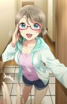  :d adjusting_eyewear aqua_jacket bangs bare_legs bespectacled blush breasts brown_eyes brown_hair cleavage collarbone denim denim_shorts door eyebrows_visible_through_hair eyelashes feet_out_of_frame female_pov glasses hand_up highres indoors jacket light_switch lips long_sleeves looking_at_viewer love_live! love_live!_sunshine!! medium_breasts motion_lines multiple_girls nail_polish open_clothes open_jacket open_mouth out_of_frame pink_nails pink_shorts pov pov_hands red-framed_eyewear sakurauchi_riko short_hair shorts smile solo_focus standing surfing_orange swept_bangs tareme tile_floor tiles track_jacket trembling watanabe_you wooden_floor 