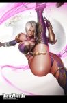  ass banned_artist bare_shoulders blue_eyes breasts cameltoe cleavage gauntlets highres huge_breasts isabella_valentine leg_up lipstick makeup purple_legwear purple_lipstick revealing_clothes shiny shiny_hair shiny_skin short_hair silver_hair simple_background single_gauntlet solo soulcalibur underboob whip whip_sword white_background yinan_cui 