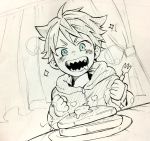  akuno_hideo's_brother blue_eyes clenched_hands colored_pencil_(medium) curtains drooling dutch_angle food fork fuuta_(m52ta) graphite_(medium) highres hood hoodie idolmaster idolmaster_side-m male_focus open_mouth pancake plate pointy_hair protected_link saliva sharp_teeth sitting smile solo teeth traditional_media 
