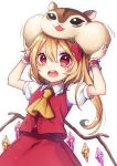  :o arms_up ascot blonde_hair blush commentary_request crystal flandre_scarlet highres kyouda_suzuka long_hair looking_at_viewer puffy_short_sleeves puffy_sleeves red_eyes short_sleeves side_ponytail simple_background squirrel stuffed_squirrel teeth touhou translation_request v-shaped_eyebrows white_background wings wrist_cuffs yellow_neckwear 