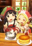  :d absurdres bangs bare_shoulders black_hair blonde_hair blunt_bangs blush brown_eyes cake cooking dress food green_hat hair_bobbles hair_ornament hakumei_(hakumei_to_mikochi) hakumei_to_mikochi hands_on_another's_arm hat highres indoors japanese_clothes jar kimono konju_(hakumei_to_mikochi) kurosawa_keiko long_hair low_twintails megami mixing_bowl multiple_girls official_art open_mouth plant red_dress red_eyes red_hat smile tablecloth twintails whisk white_kimono window wooden_table 