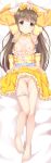  absurdres arms_up ass_visible_through_thighs bangs bar_censor barefoot bed_sheet bow breasts brown_eyes brown_hair censored closed_mouth collarbone commentary_request dakimakura detached_sleeves dress dress_lift dress_pull eyebrows_visible_through_hair fingernails hair_bow head_tilt highres idolmaster idolmaster_cinderella_girls long_hair long_sleeves lying nipples on_back panties panties_around_one_leg pussy small_breasts smile solo toenails toketou underwear very_long_hair white_panties wide_sleeves yellow_bow yellow_dress yorita_yoshino 