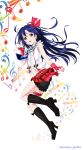  armpit_peek bangs black_footwear blue_hair blue_neckwear blush bokura_wa_ima_no_naka_de boots commentary_request earrings eyebrows_visible_through_hair fingerless_gloves floating floating_hair full_body gloves hair_between_eyes highres jewelry leg_garter long_hair looking_at_viewer love_live! love_live!_school_idol_project muraco_shogo navel necktie open_mouth red_gloves skirt smile solo sonoda_umi striped striped_neckwear suspenders yellow_eyes 
