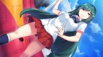  aircraft airplane bow bowtie breasts day game_cg green_hair hinasaki_you hitotsu_yane_no_tsubasa_no_shita_de katou_takami large_breasts long_hair miniskirt purple_eyes skirt smirk solo very_long_hair 