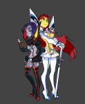  breasts commentary_request cosplay frown green_eyes grey_skin gyosone hand_on_hip height_difference junketsu kill_la_kill kiryuuin_satsuki kiryuuin_satsuki_(cosplay) looking_at_viewer matoi_ryuuko matoi_ryuuko_(cosplay) multicolored_hair multiple_girls navel pout purple_eyes purple_hair raven_(dc) reading red_hair senketsu short_eyebrows small_breasts solid_eyes starfire sword teen_titans thighhighs two-tone_hair weapon yellow_skin 