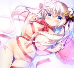  animal_ears ass_visible_through_thighs bear_ears black_ribbon blue_eyes blush breasts commentary hair_between_eyes hair_censor hair_ornament hair_over_one_breast heart heart_pillow large_breasts long_hair looking_at_viewer navel nearly_naked_ribbon original panties panty_pull pillow red_ribbon ribbon sasai_saji side-tie_panties smile solo star star_hair_ornament thigh_gap topless twintails underwear white_hair white_panties x_hair_ornament 